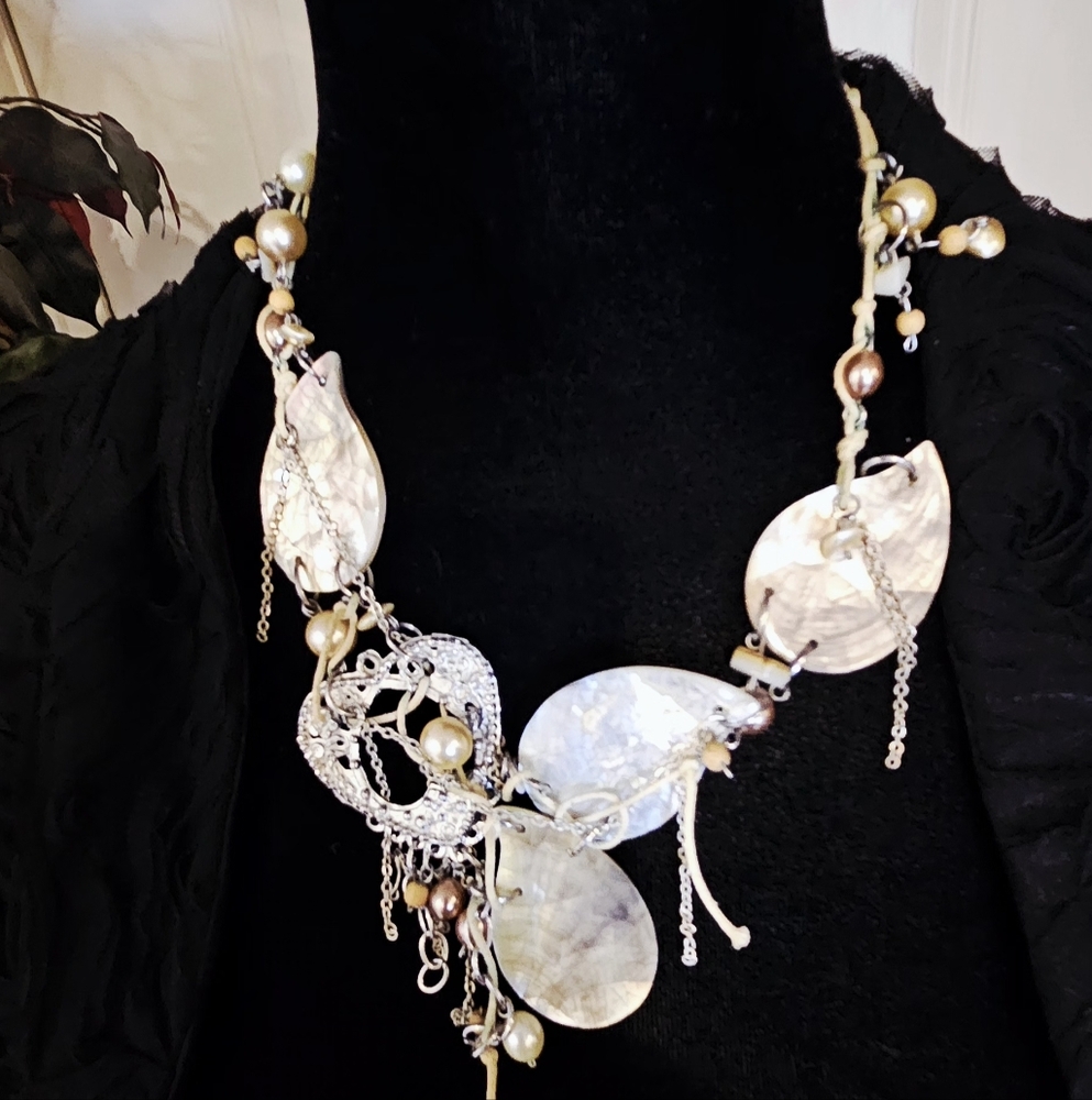 Boho Coastal Statement Necklace: Mother of Pearl Shells,  Pearls & Silver Chain